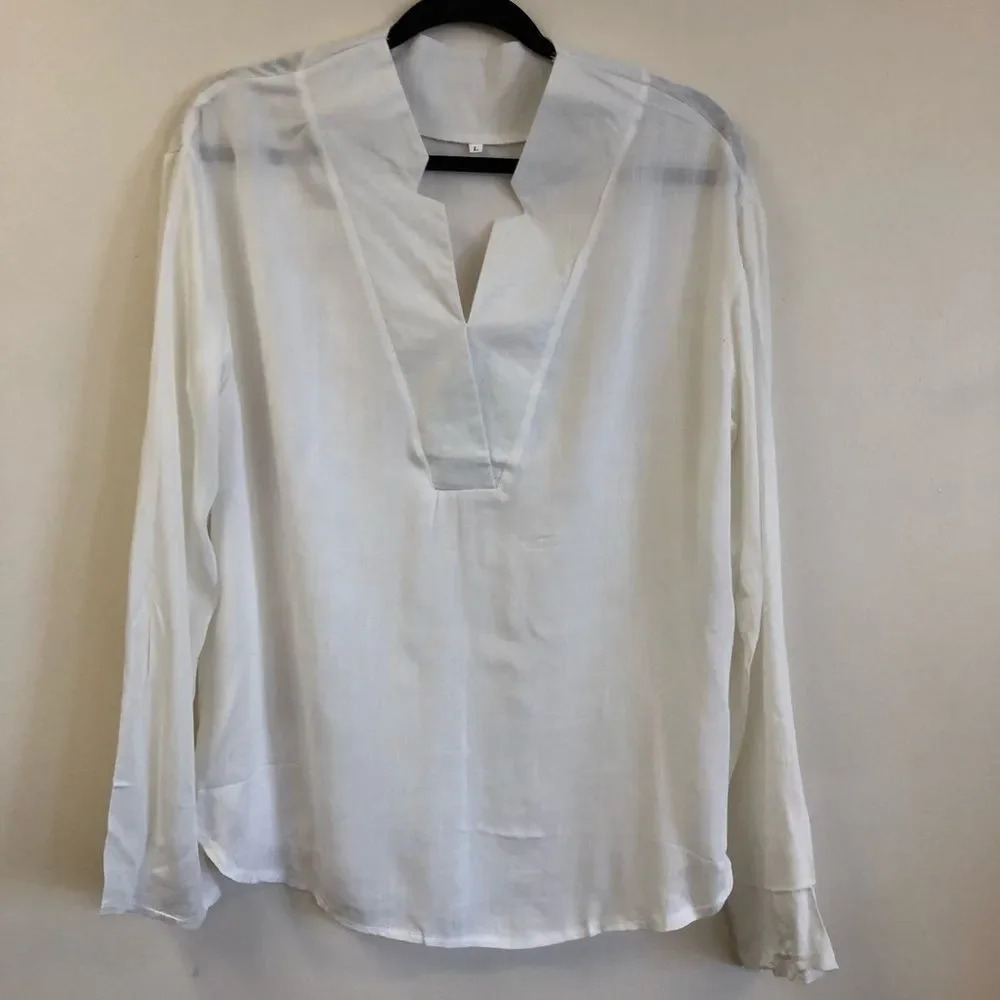 White Linen V-Neck Blouse Size Size Large NWOT